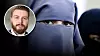 Kvinna i niqab tittar in i kameran. Infälld bild på debattören Jakob Norrhall.