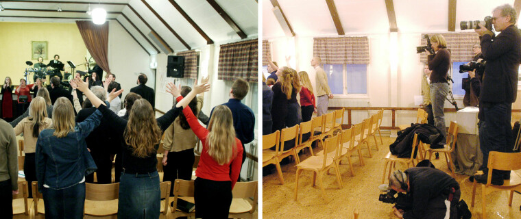Hårdbevakning från medier under gudstjänst i Filadelfiakyrkan i Knutby söndagen den 2 februari, 2003, en månad efter mordet. Kombinerad bild: Filadelfiakyrkan i Knutby, och annat perspektiv som visar alla fotografer på plats.