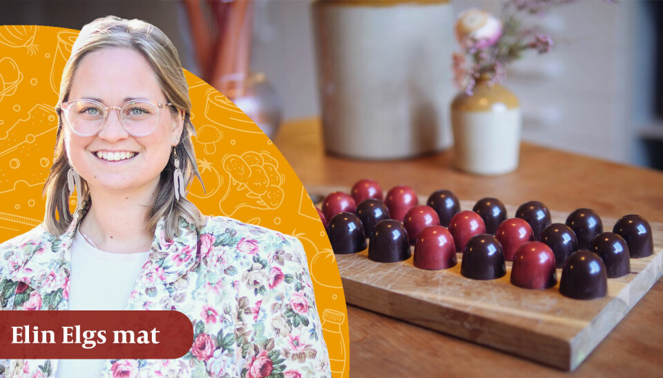 Elin Elg bjuder denna vecka på praliner. Praliner på ett bord. Infälld bild på matskribenten Elin Elg.