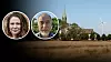 Ett fält med kyrka och vindkraftverk i bakgrunden. Infällda bilder på debattörerna Madeleine Jonsson och Magnus Gunnarsson.