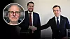 Jimmie Åkesson skakar hand med Ulf Kristersson. Infälld bild på debattören Owe Pettersson.