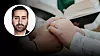 Anonymt bröllopspar framför präst. Infälld bild på debattören Gabriel Külen.