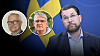 Jimmie Åkesson framför svensk flagga. Infälld bild på debattörerna Bengt Storbacka och Peter Weiderud.