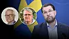 Jimmie Åkesson framför svensk flagga. Infälld bild på debattörerna Bengt Storbacka och Peter Weiderud.