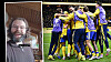 Collage med en man som filmar sig själv inomhus och svenska fotbollsspelare i gulblått som firar.