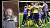 Collage med en man som filmar sig själv inomhus och svenska fotbollsspelare i gulblått som firar.