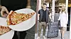 Tvådelad bild med pizzabitar på tallrik och två unga personer utanför en pizzeria med trottoarskylt.