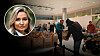 Matutdelning Frihamnskyrkan. Infälld bild på Ebba Busch.