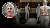 Begravning av person som dött i ebola-utbrottet. Alla närvarande är klädda i skyddskläder. Infälld bild på Ulrika Modéer, Röda korset.