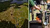 Drönarbild över scoutläger som visar tält, scoutkök, skogar runtomkring och en sjö längst upp. Infälld bild på en scoutledare som lagar mat över öppen eld.