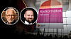 Banderoll med texten 'Kyrkomötet, välkomna!' samt 'Svenska kyrkan' hänger från taket framför stora fönster i Uppsala konsert och kongress. Infälld bild på debattörerna Kjell O Lejon och Andreas Stenkar Karlgren.