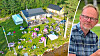 Flygbild över sommargården Solviken i Fristad. Infälld bild på pastor Per Lundin.