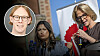 Vänsterpartiets partiledare Nooshi Dadgostar (V) och finansminister Elisabeth Svantesson (M) debatterar inför valet. Infälld bild på debattören Olof Edsinger.