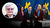 Partiledarna i Tidösamarbetet under pressträff. Infälld bild på Anna Karin Hammar.
