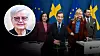 Partiledarna i Tidösamarbetet under pressträff. Infälld bild på Anna Karin Hammar.