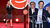 Personer på scen vid Socialdemokraternas valvaka framför röd partilogo och talarstol.