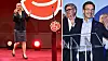 Personer på scen vid Socialdemokraternas valvaka framför röd partilogo och talarstol.