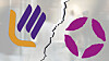 Montage med Läkarmissionens och SMR:s logotyper åtskilda av en svart spricka mot ljus bakgrund.