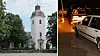 Kombinerad bild: Exteriör Alunda kyrka, epa-traktorer nattetid.
