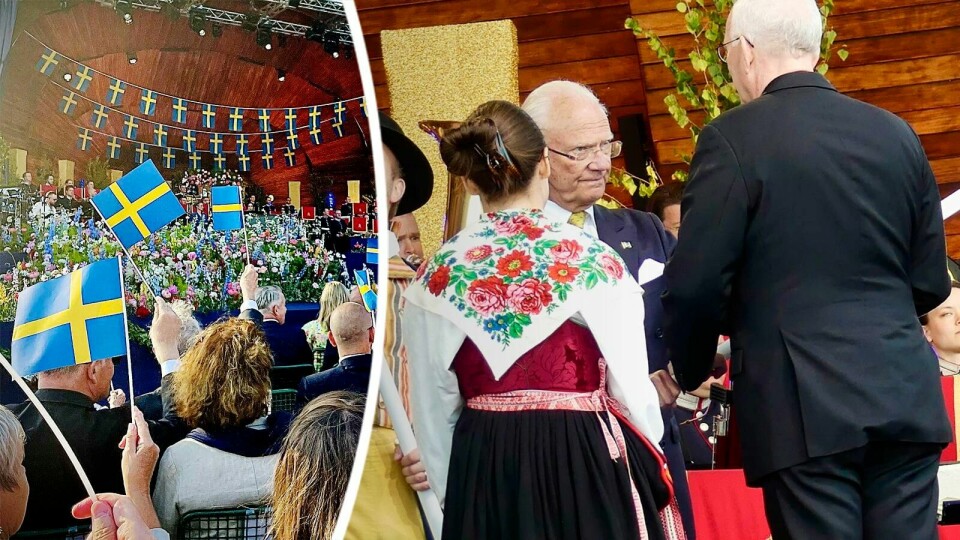 Svenska kyrkan fick en fana av kung Carl XVI Gustaf. Den mottogs av ärkebiskop Martin Modéus och Svenska kyrkans ungas ordförande Tova Mårtensson. Nationsldagsfirandet på Skansen. Svenska kyrkan fick en fana av kungen Carl XVI Gustaf. Den mottogs av ärkebiskop Martin och Svenska Kyrkans Ungas ordförande Tova Mårtensson.