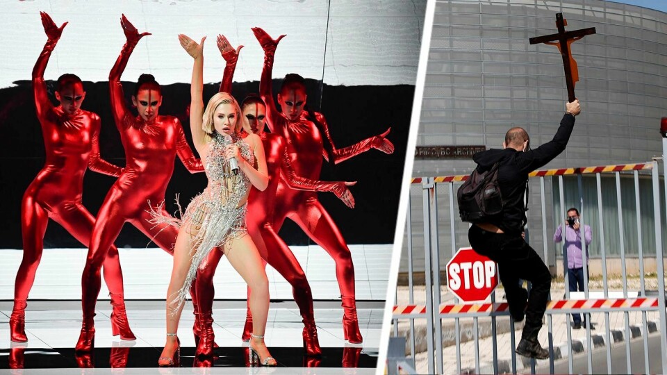 En man med kors i hand försöker ta sig in i Cyperns TV-hus för att protestera mot landets bidrag till Eurovision. Cyperns deltagare Elena Tsagrinou med låten El Diablo under måndagens genrep inför första semifinalen i Eurovision Song Contest i Rotterdam.
