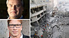 Hus i Gaza som raserats efter israeliskt flygattack. Infällda bilder på Joakim Wohlfeil och Erik Lysén.