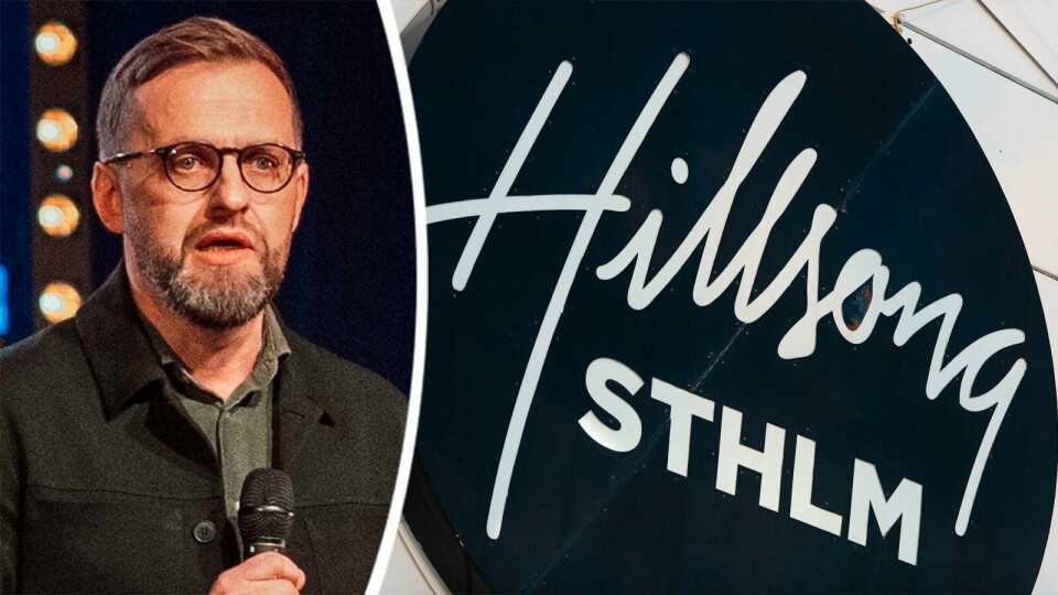 Daniel Alm kommenterar att Hillsongs grundare Brian Houston avgått efter olämpligt beteende. Skylt, Hillsong Stockholm. Infälld bild på Daniel Alm.