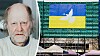 Ukrainsk flagga med fredsduva fäst vid en byggnadsställning på Stortorvet i Oslo. Infälld bild på Magnus Malm.
