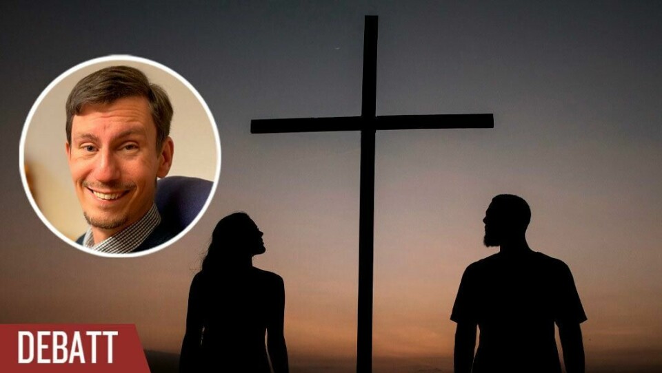 Att gifta sig är att följa Jesus och ingen församling, ingen vän och inget fritidsintresse ska stå i vägen eller försöka skilja åt vad Gud fogat samman till ett, skriver Jim Lagerlöf. Anonym kvinna och man står på varsin sida om ett stort kors i skymningen. Infälld bild på debattören Jim Lagerlöf.