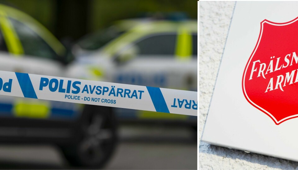 Förra veckan användes Frälsningsarméns lokaler i Göteborg till förhör av kvinnor som misstänks ha utnyttjats i en prostitutionshärva. Polisbilar bakom avspärrning. Frälsningsarméns logga på en husvägg.