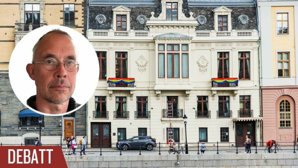 När staten tar rollen som uttolkare av den för tillfället sanna trosuppfattningen, är inte staten längre neutral i religionshänseende. Bild: Prideflaggor upphängda på statsministerns residens 2023. Prideflaggor upphängda på statsministerns residens 2023. Infälld bild på debattören Staffan Werme.