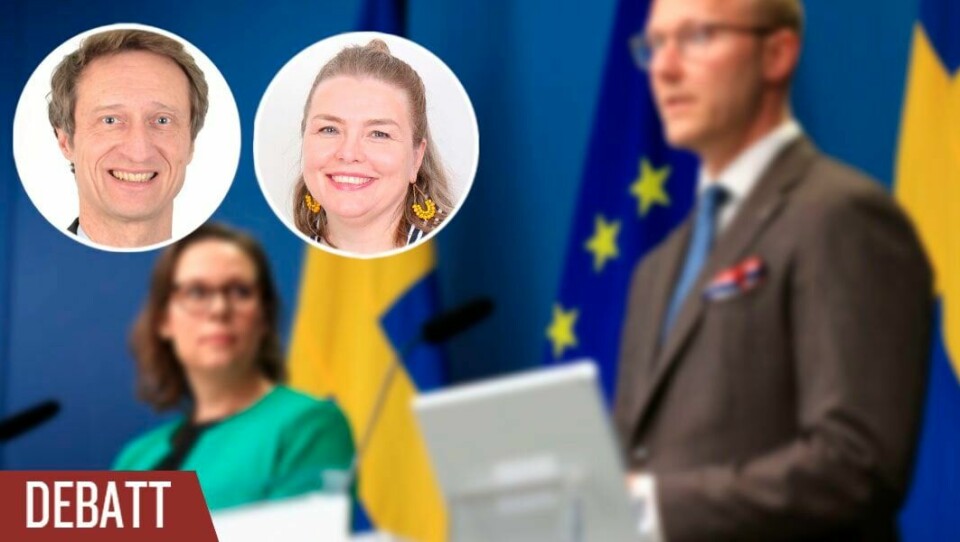 Vi är säkra på att förslaget inte är proportionerligt. Mycket inskränkande och rättsligt tveksamma åtgärder har föreslagits på ett tunt underlag, skriver debattörerna. Bilden: Migrationsminister Maria Malmer Stenergard (M) och Sverigedemokraternas migrationspolitiske talesperson Ludvig Aspling (SD). Vi är säkra på att förslaget inte är proportionerligt. Mycket inskränkande och rättsligt tveksamma åtgärder har föreslagits på ett tunt underlag, skriver debattörerna. Bilden: Migrationsminister Maria Malmer Stenergard (M) och Sverigedemokraternas migrationspolitiske talesperson Ludvig Aspling (SD).