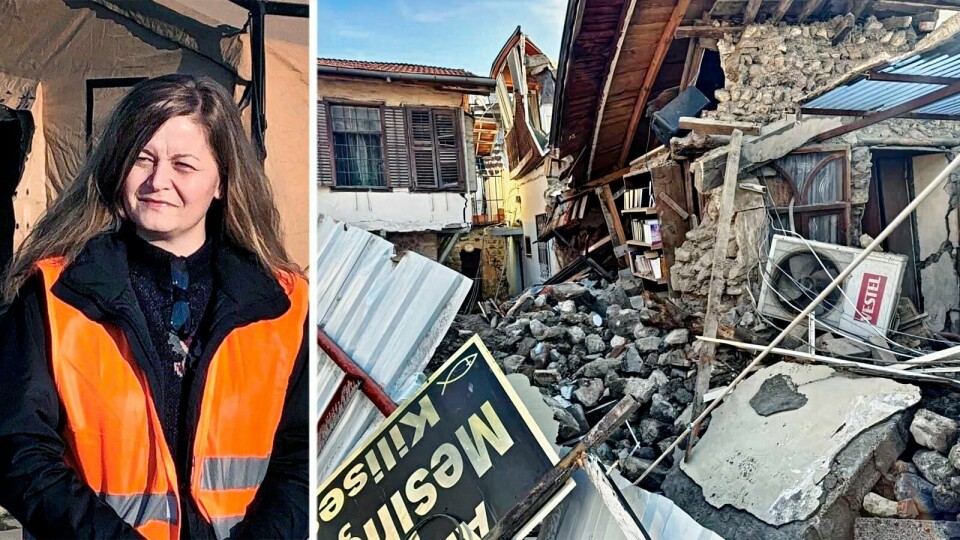 Birsen Karlsson som är på plats i södra Turkiet. 'Jag har vänner här som har fått se halva sin familj dö under rasmassorna.' Här den raserade evangeliska kyrkan i Antakya. Jag är glad att det finns många som vill hjälpa till vid den här fruktansvärda katastrofen, säger Birsen Karlsson som är på plats i södra Turkiet.
