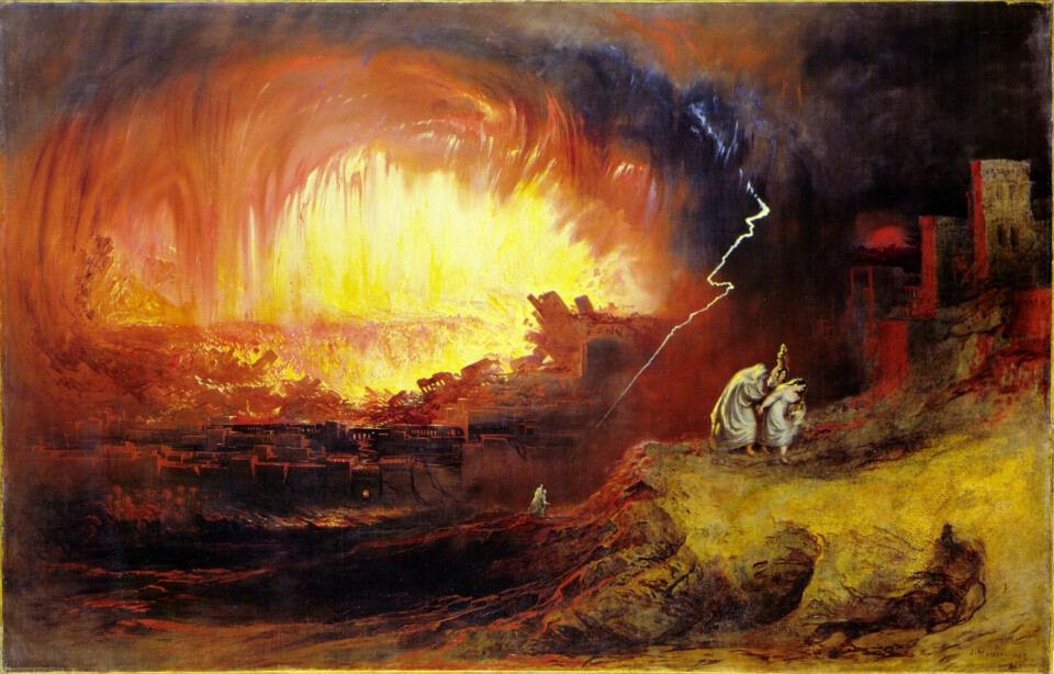 Ödeläggelsen av Sodom och Gomorra målad av konstnären John Martin (1789–1854). Vad hände när städerna Sodom och Gomorra jämnades med marken? Kanske handlade det om den stjärnsmäll som forskare nu ger bevis för, en smäll med en kraft mer än tusen gånger starkare än atombomben vid Hiroshima.