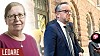 Mikael Dambergs budgetpromenad, omgiven av press och säkerhetsvakter. Infälld bild på Elisabeth Sandlund.