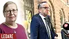 Mikael Dambergs budgetpromenad, omgiven av press och säkerhetsvakter. Infälld bild på Elisabeth Sandlund.