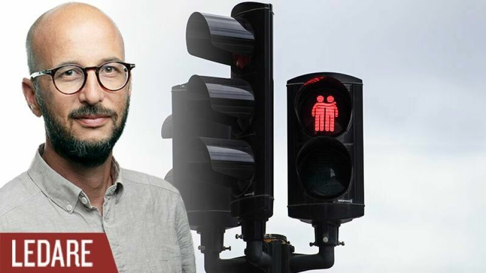 Egentligen handlar det om hur man ska kunna inkludera alla människor och samtidigt vara trogen mot vad man uppfattar att Bibeln lär. Samkönade trafikljus under Pridefestivalen i Stockholm.