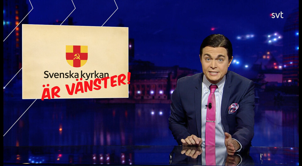 Komikern Messiah Hallberg i ”Svenska nyheter”. SVT:s satirprogram ”Svenska nyheter” dundrade ut att Svenska kyrkan är vänster.