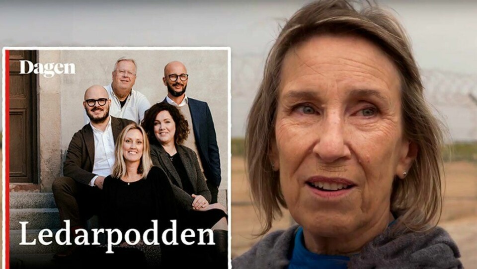 Överlevaren Adele Raemer medverkar i Ledarpodden. Adele Raemer framför staket. Infälld bild på Ledarpodden.