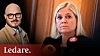 Socialdemokraternas partiledare Magdalena Andersson på presskonferens. Infälld bild på ledarskribent Steven Crosson.