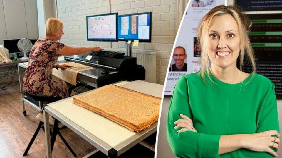 Dagens fysiska arkiv har skannats in för att göras tillgängligt till prenumeranterna. En gammal tidningssida från Dagens arkiv skannas in. Infälld bild på Felicia Ferreira.