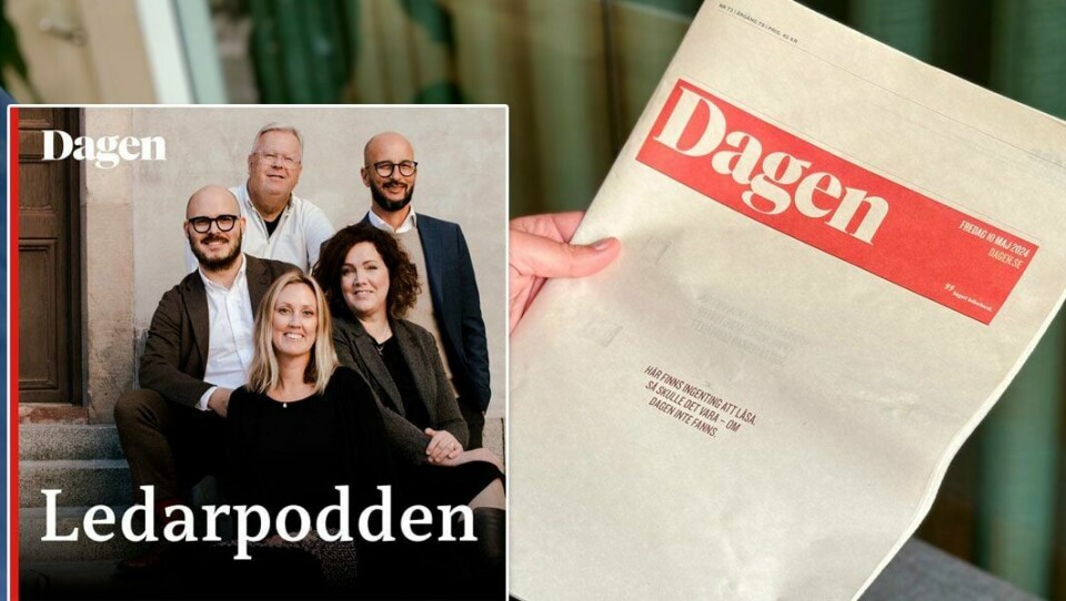 Ledarpodden diskuterar det nya mediestödet och hur det påverkar Dagen framöver. Specialutgåva av Dagen med tomma sidor för att uppmärksamma det minskade mediestödet. Infälld bild på Ledarpoddens logga.