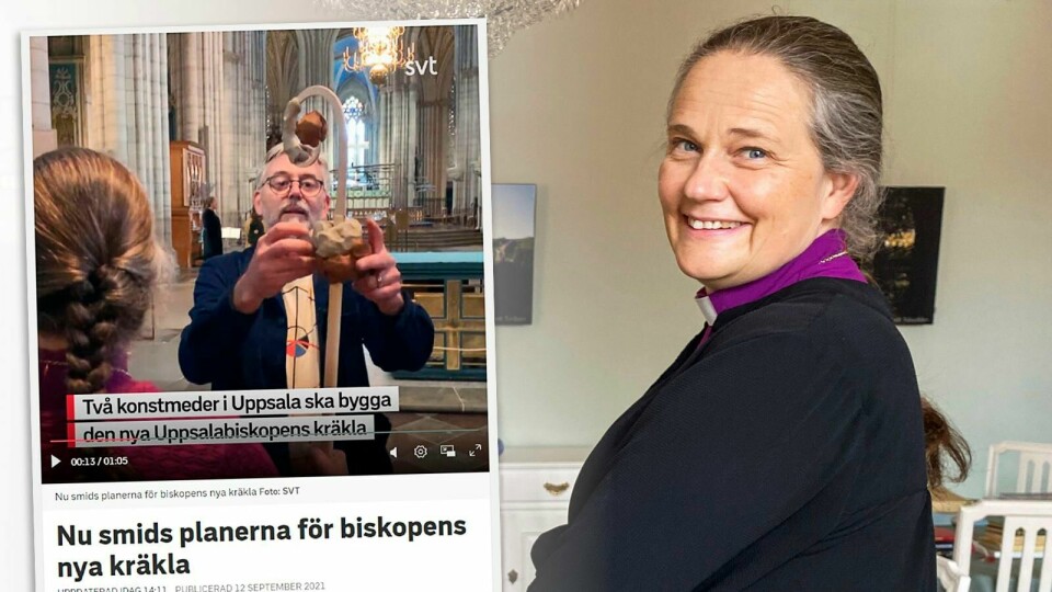 Två konstsmeder har fått uppdraget att bygga biskop Karin Johannessons nya kräkla. En stav som bland annat ska skydda mot onda tankar. Skärmbild från SVT Nyheter. Två konstsmeder har fått uppdraget att bygga biskop Karin Johannessons nya kräkla. En stav som bland annat ska skydda mot onda tankar. Skärmbild från SVT Nyheter.