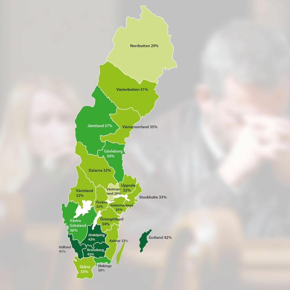 35 procent av svenskarna ber till Gud, enligt färsk statistik från SOM-institutet. Men i vissa regioner ber man mer än i andra. Bönestatistik i Sverige, framtagen av SST.35 procent av svenskarna ber till Gud, enligt färsk statistik från SOM-institutet. Men i vissa regioner ber man mer än i andra, exempelvis i Småland.