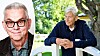 P O Enquist lutar sig mot en vit grind. Infälld bild på Birger Thureson.