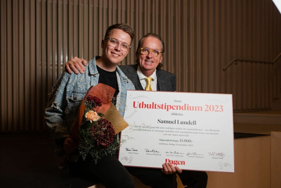 Det blev Samuel Lundell som tog emot årets Utbultstipendium. Dagengalan 2023 i Smyrna Frihamnskyrkan i Göteborg.