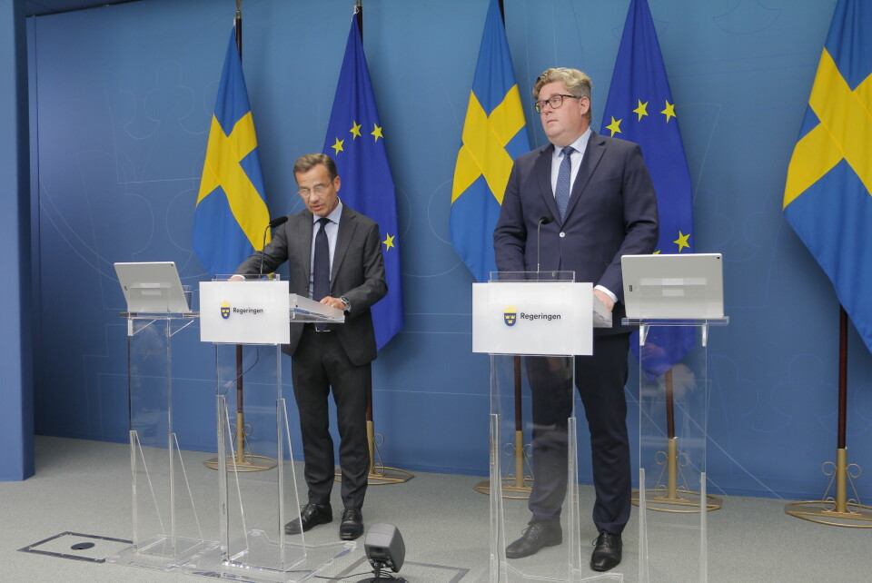 Statsminister Ulf Kristersson (M) och justitieminister Gunnar Strömmer (M) vid en presskonferens på tisdagen. Statsminister Ulf Kristersson (M) och justitieminister Gunnar Strömmer (M) vid en presskonferens på tisdagen.