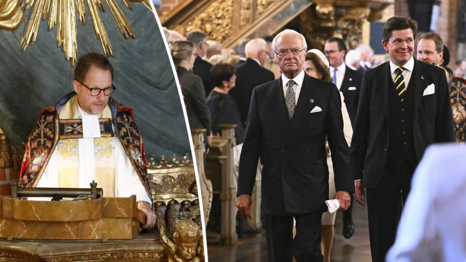 Domprost Jonas Eek predikar i Storkyrkan. Kung Carl XVI Gustaf och talmannen Andreas Norlén anländer till gudstjänsten i Storkyrkan med anledning av riksdagens öppnande. Gudstjänst i Storkyrkan med anledning av riksdagens öppnande. Domprost Jonas Eek predikar i Storkyrkan.