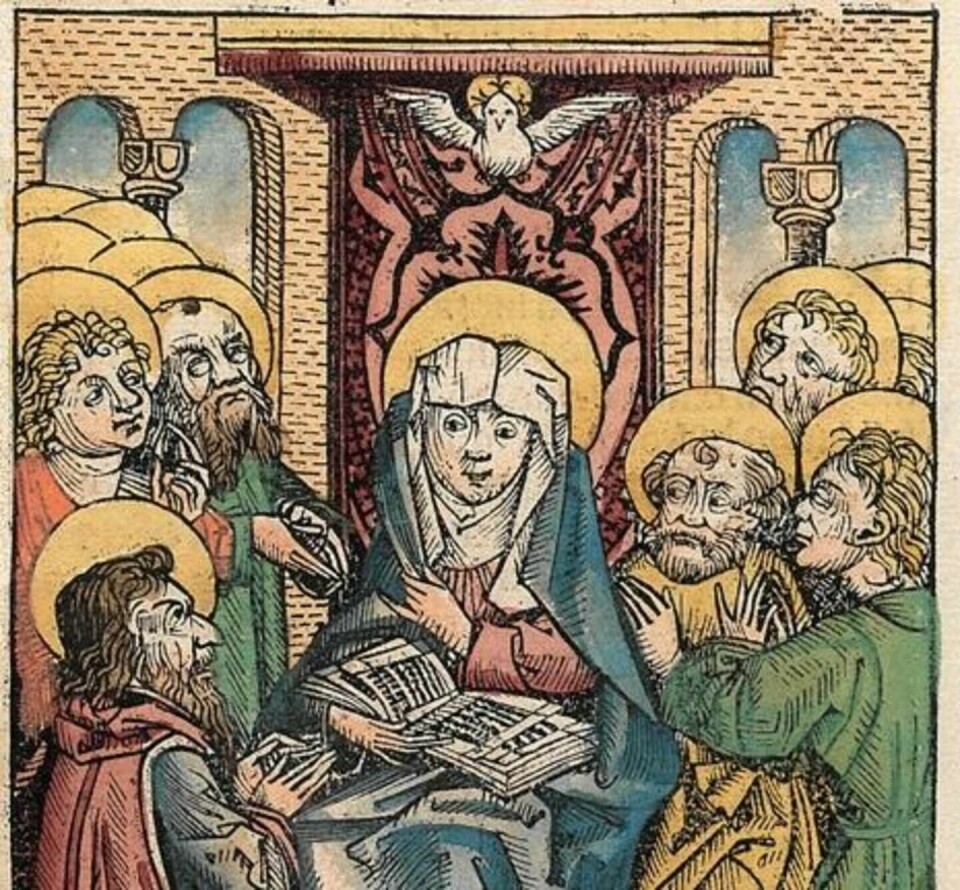 Scen som föreställer händelsen som nämns i Apostlagärningarna där pingsten firas. Ur Nürnbergskrönikan från 1400-talet. Scen som föreställer händelsen som nämns i Apostlagärningarna där pingsten firas. Ur Nürnbergskrönikan från 1400-talet.