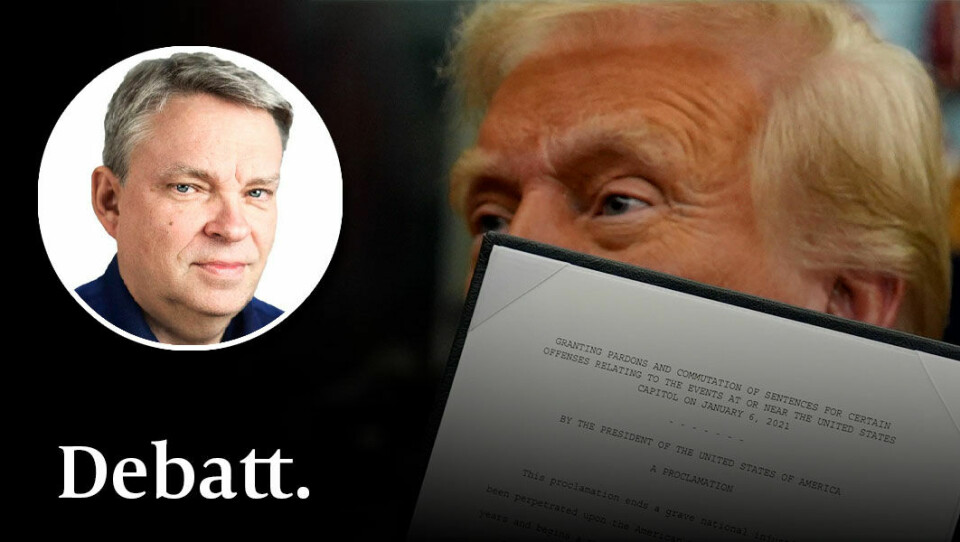 De fascistiska ledarna är skickliga på att utnyttja folkliga känslor och övertygelser, skriver Stefan Swärd. Bilden: President Donald Trump signerar en presidentorder om att benåda 1500 deltagare i 6 januariattackerna 2020. President Donald Trump signerar en presidentorder om att benåda 1500 deltagare i 6 januariattackerna 2020. Infälld bild på debattören Stefan Swärd.